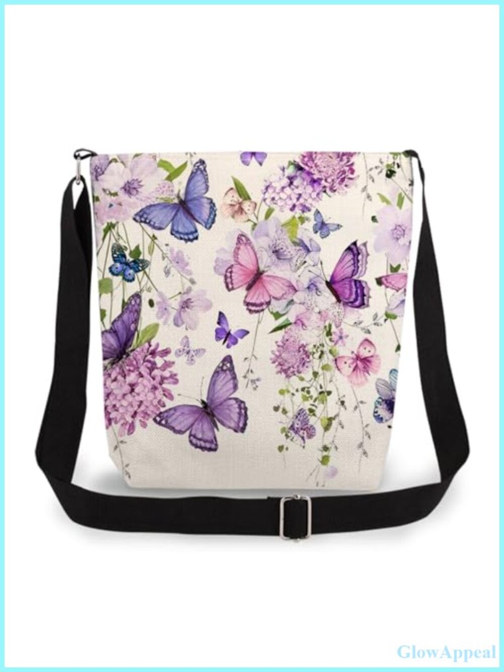 Floral Butterfly Print Crossbody Bag Adjustable Strap Zipper Purse